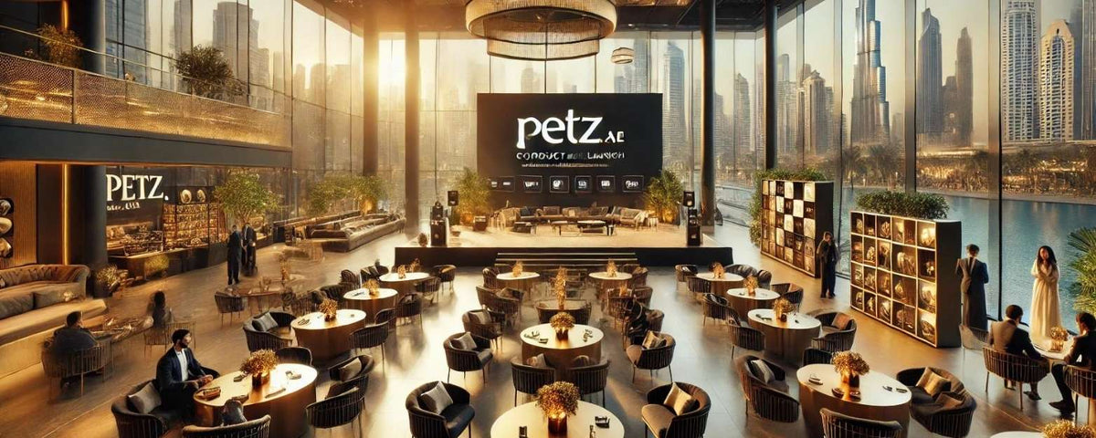 High-end product launch event for Petz.ae in Dubai, featuring a modern indoor venue with elegant seating, stage setup, branding elements, and a backdrop of the Dubai skyline.