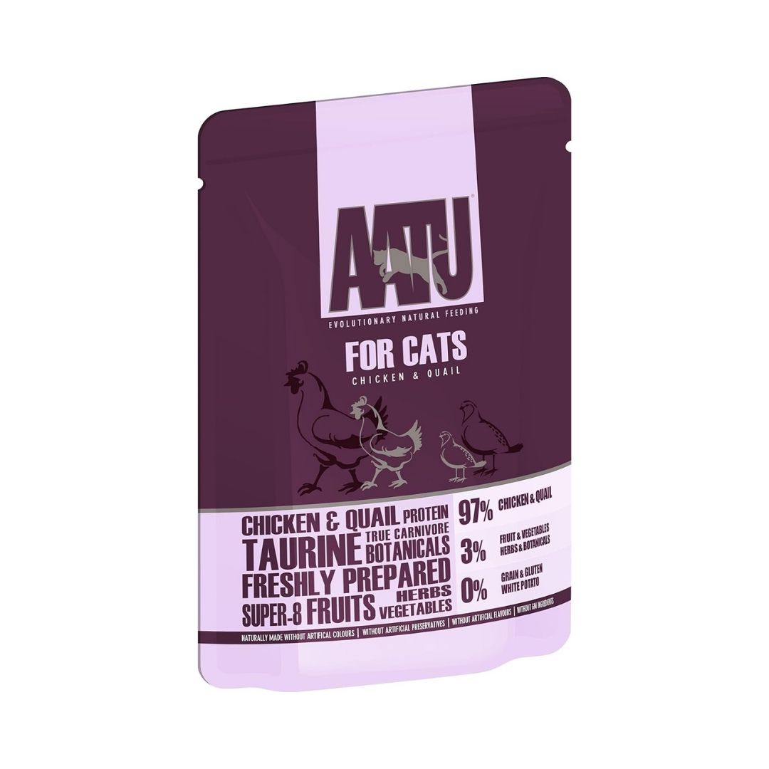 AATU Chicken & Quail Wet Cat Food 85g front packaging showcasing 97% chicken and quail, grain-free formula, and SUPER-8 blend. Available in Dubai and UAE at Petz.ae.