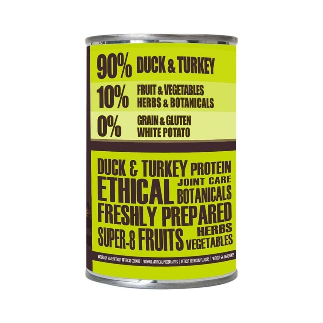 Back packaging of AATU Duck & Turkey Wet Dog Food with feeding instructions, nutritional details, and ingredient list. Premium grain-free wet dog food in Dubai and UAE.