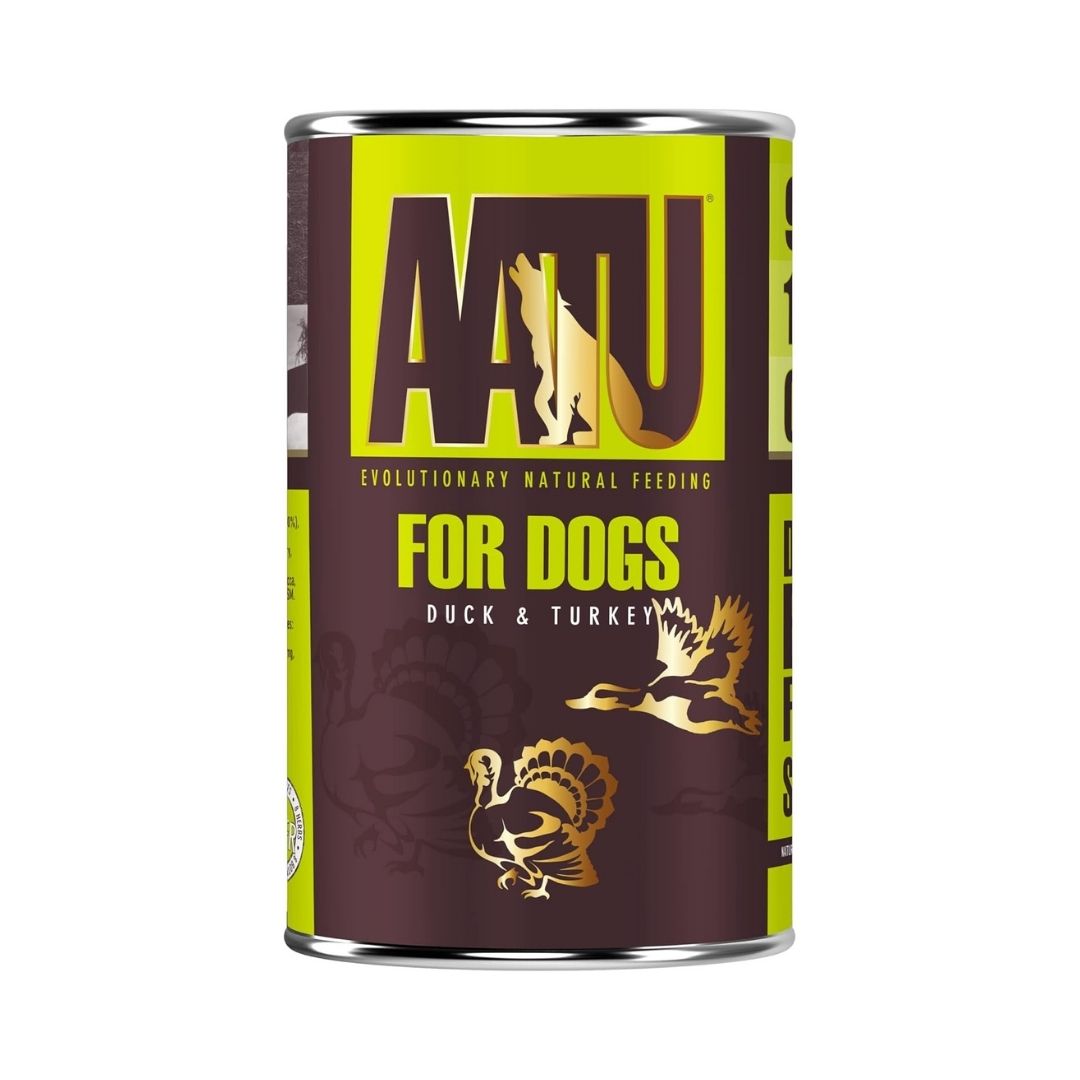 AATU Duck & Turkey Wet Dog Food 400g front packaging showcasing 90% duck and turkey, grain-free formula, and SUPER-8 blend. Available in Dubai and UAE at Petz.ae.
