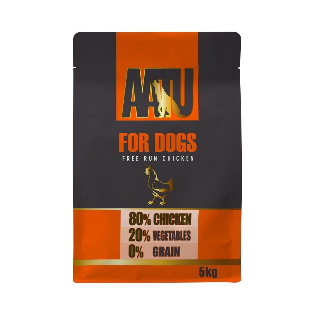 AATU Free Run Chicken Dry Dog Food front packaging showcasing 80% fresh chicken, grain-free formula, and SUPER-8 blend. Available in Dubai and UAE at Petz.ae. 5kg