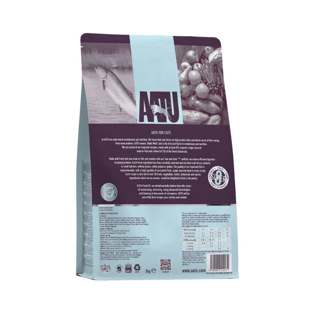 Back packaging of AATU Free Run Salmon Dry Cat Food with feeding instructions, nutritional details, and ingredient list. Premium grain-free cat food in Dubai and UAE.