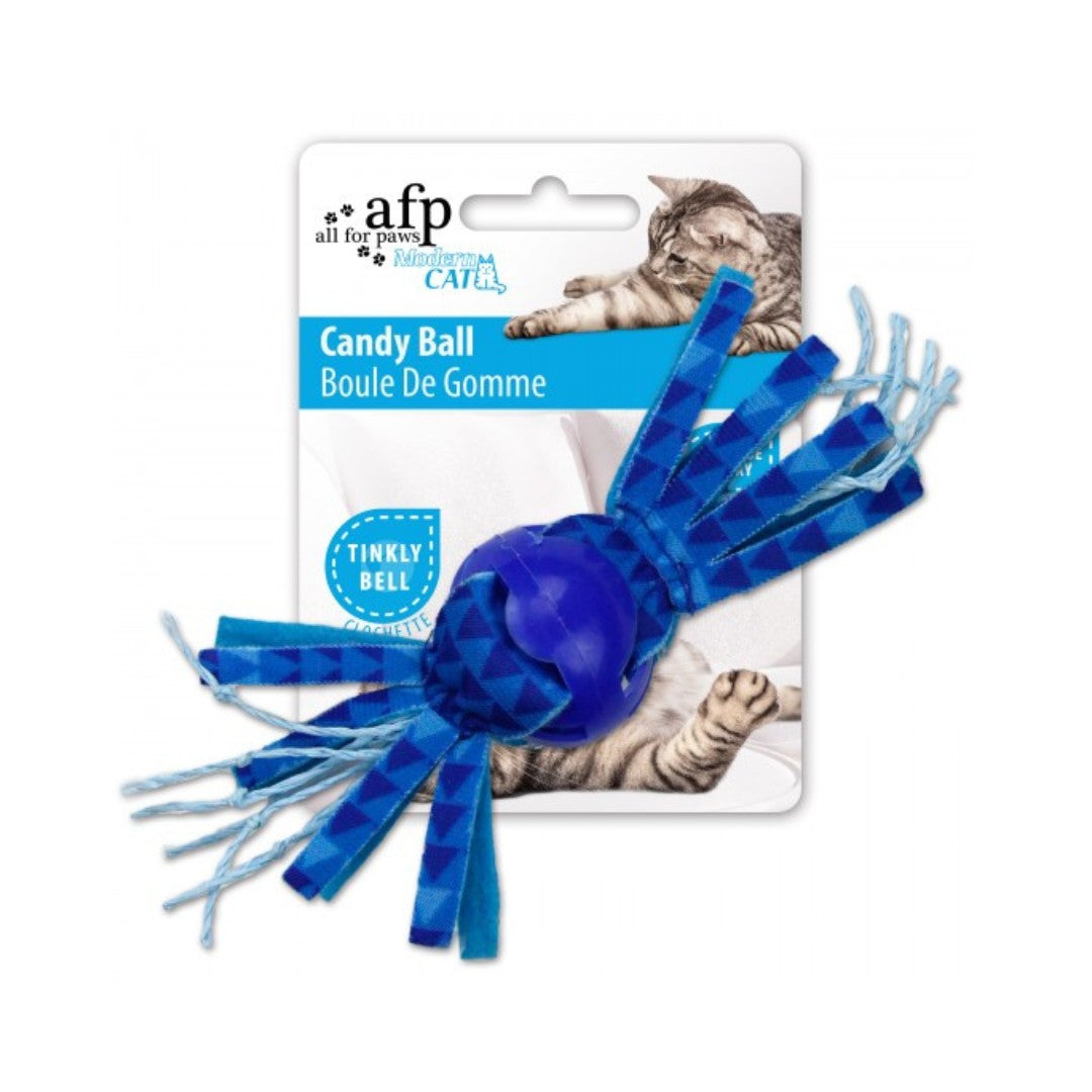 All For Paws Candy Ball - a fun and exciting toy for cats! This ball is filled with catnip and includes a tinkly bell inside, keeping your feline friend entertained and engaged - Blue.