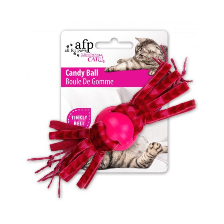 All For Paws Candy Ball - a fun and exciting toy for cats! This ball is filled with catnip and includes a tinkly bell inside, keeping your feline friend entertained and engaged - Pink. 