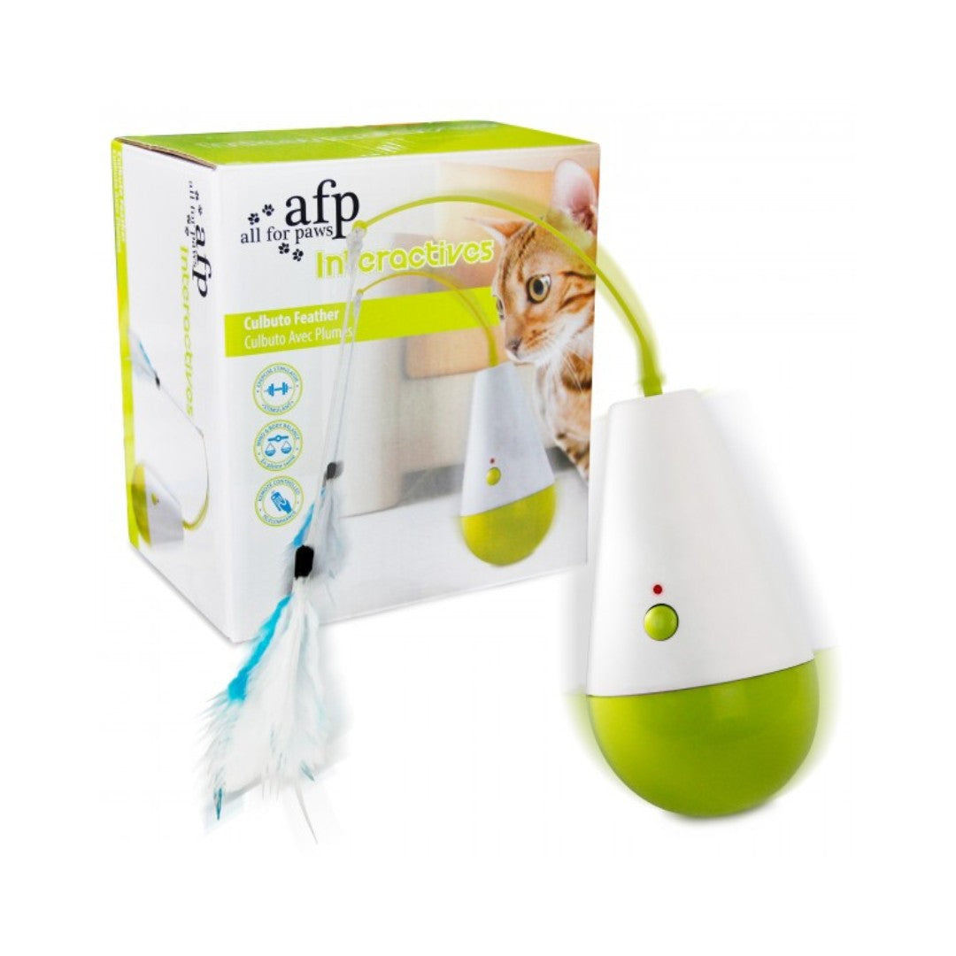 All For Paws Culbuto is a cat toy designed to exercise and reduce cat stress. The exercise stimulator comes with a wireless remote control.