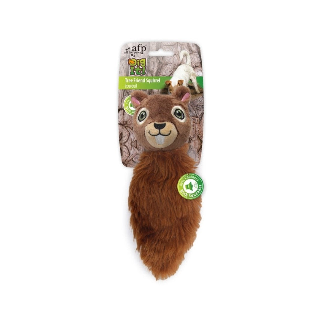 All For Paws Dig It - Tree Friend Squirrel Dog Toy, a plush dog toy with an embedded squeaker that provides hours of enjoyable playtime for your furry friend.