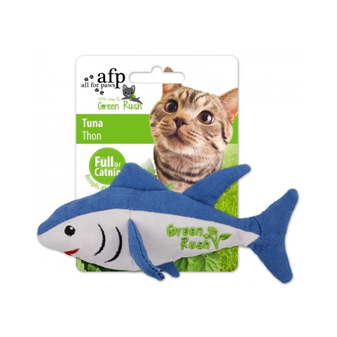 All For Paws Green Rush Tuna Cat Toy These toys are filled with 100% Canadian imported Catnip, which will encourage your cat to play, chase and have a great time.