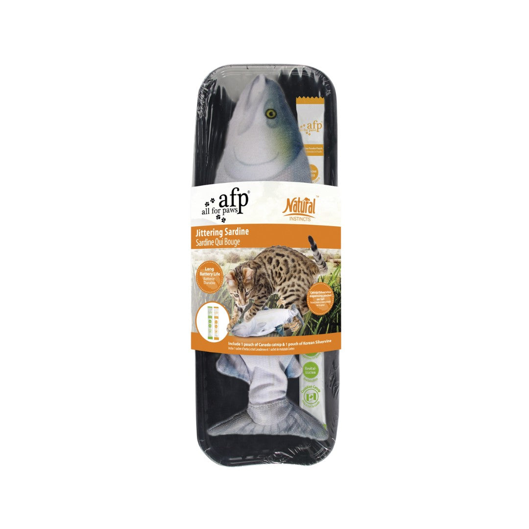 All For Paws Jittering Fish Sardine Cat Toys that move exactly like a real fish. These USB rechargeable come with a pack of silvervine and Canadian imported catnip
