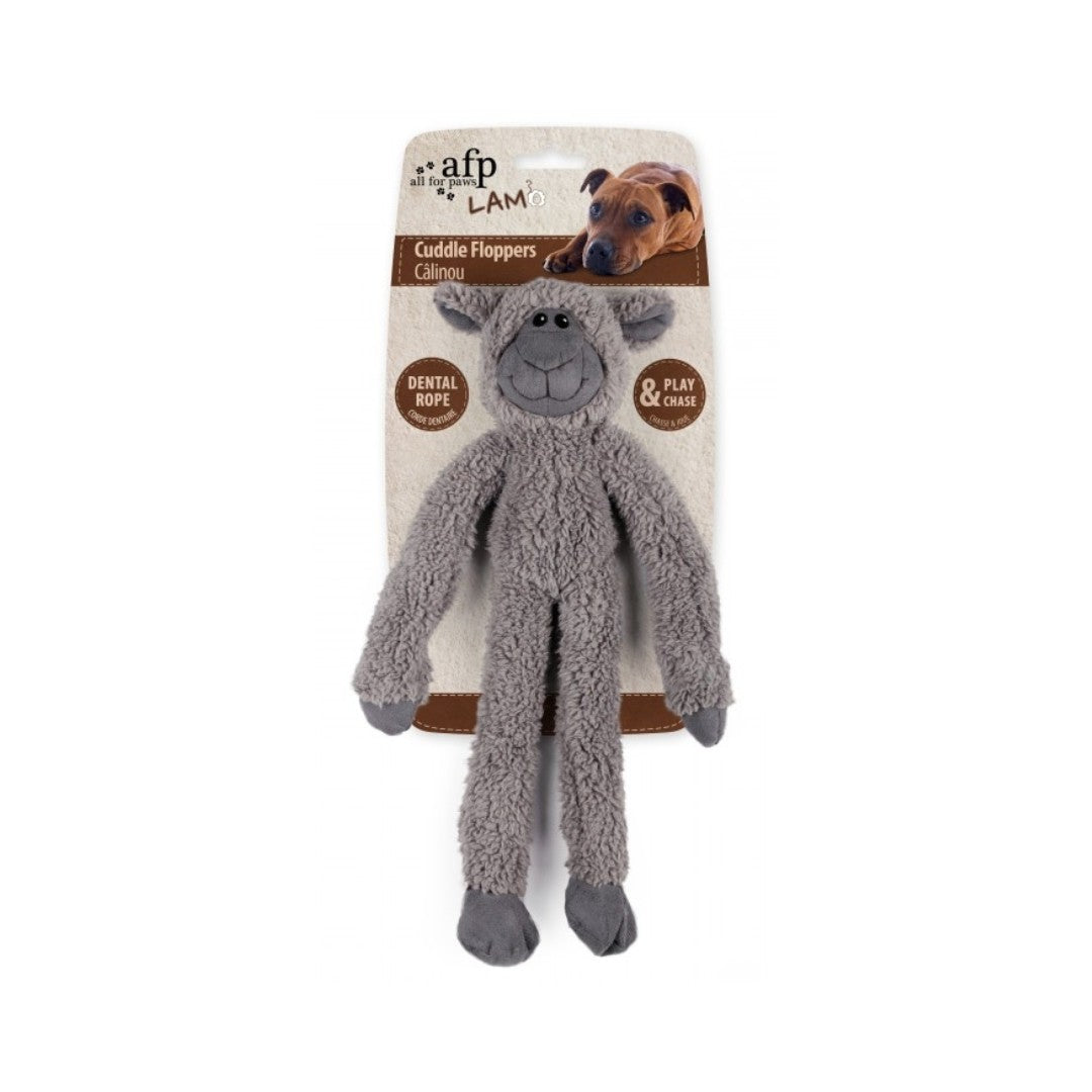 All For Paws Lambswool Cuddle Ropey Flopper is made of soft faux suede, lamb plush, and ropes, providing a fantastic tactile sensation.