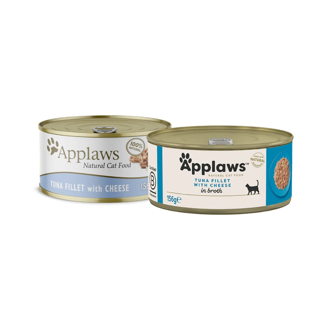 Applaws Tuna with Cheese Wet Cat Food – 156g tin showing visible chunks of tuna and cheese, suitable for all cat breeds.