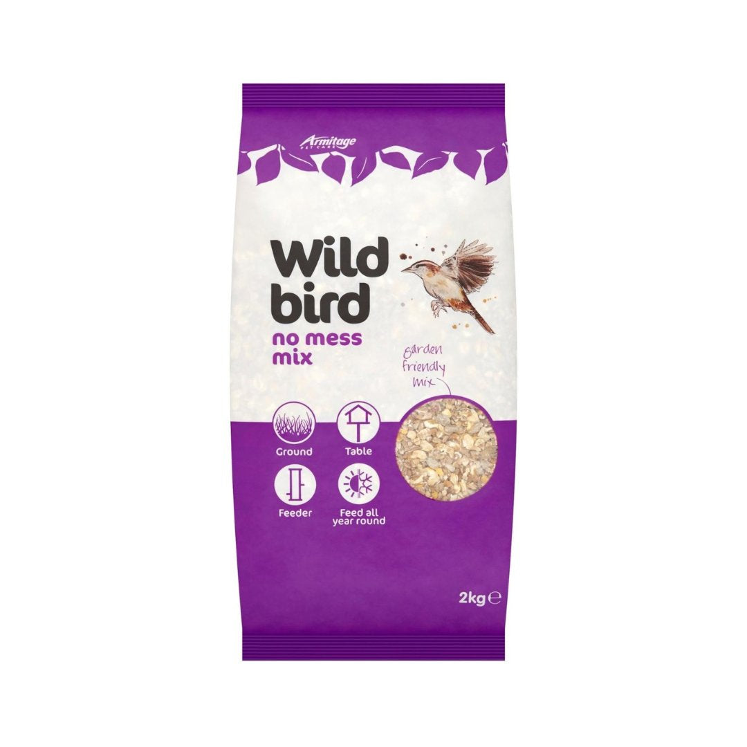 Armitage No Mess Seed Mix, weighing 2 kg. This mix is perfect for all wild birds and can be fed yearly.