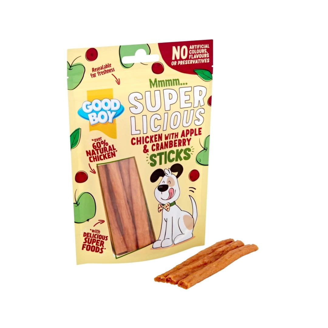 Armitage Goodboy Super Licious Chicken with Apple & Cranberry Sticks dog treats, weighing 100g - Full.