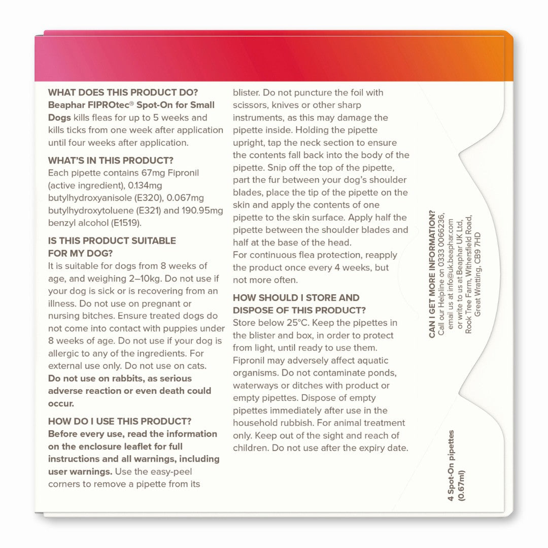 Beaphar FIPROtec Spot On for Small Dogs - back label