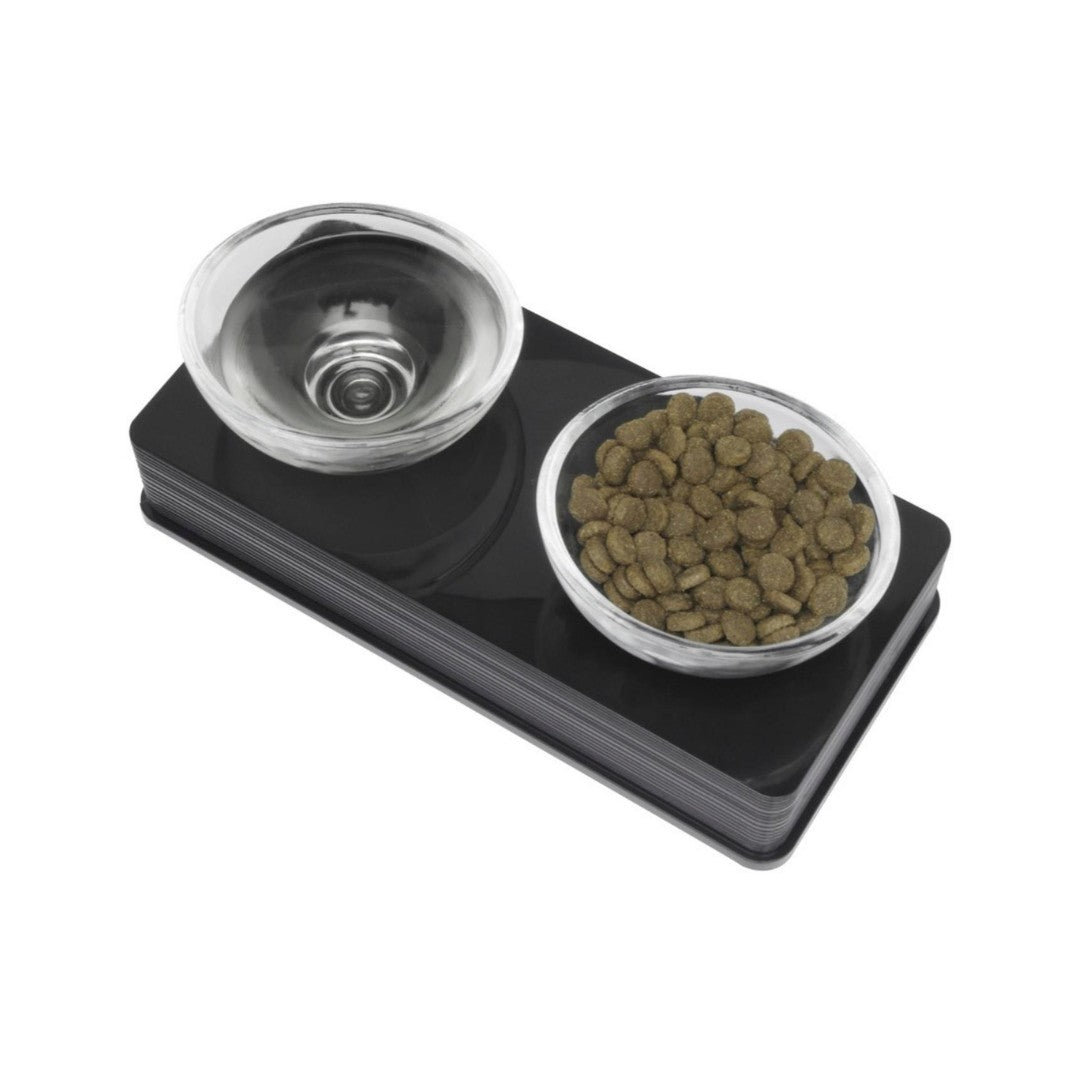 Catit Dual Glass Cat Feeding Bowl Set - Black - front view
