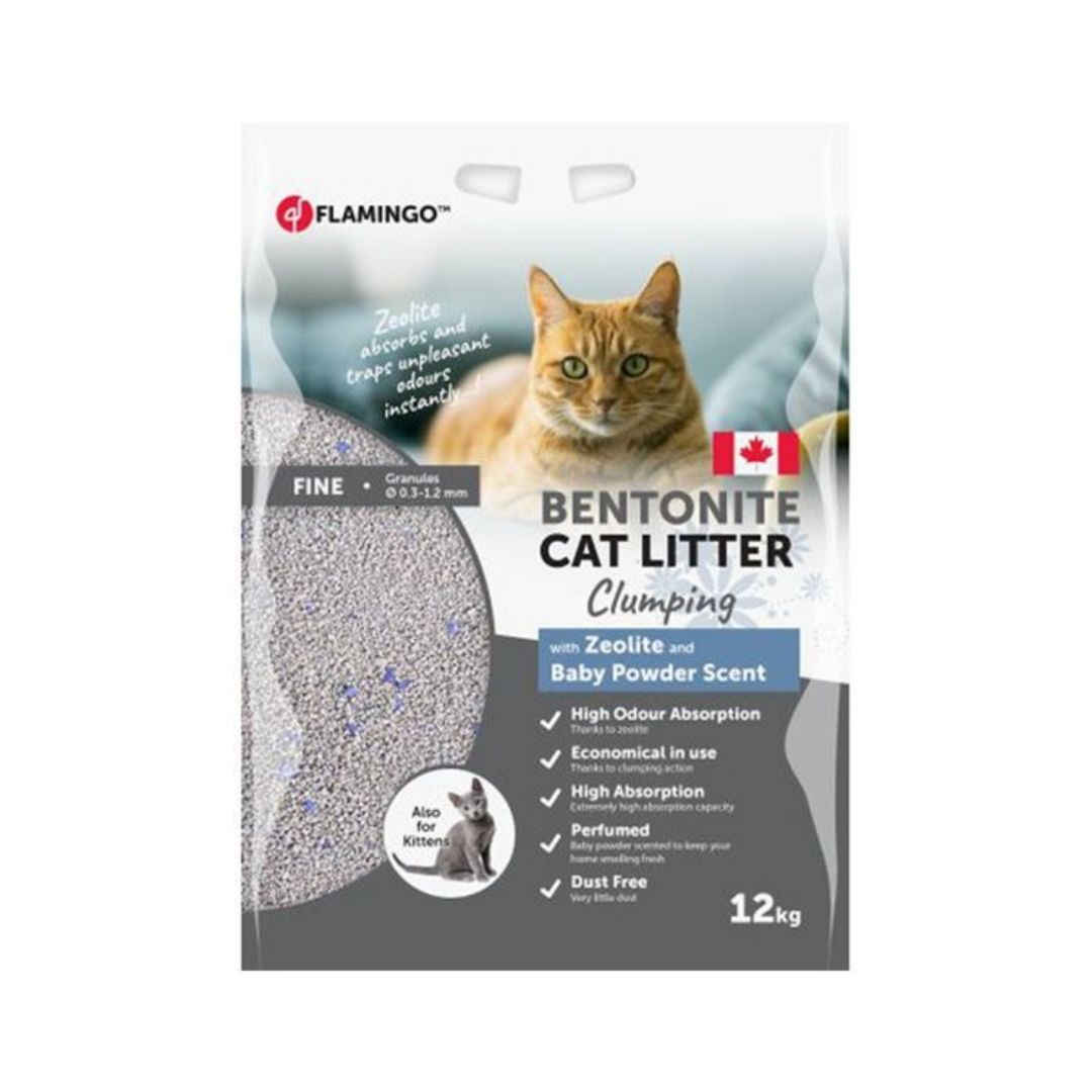 Front view of Flamingo Bentonite Zeolite & Baby Powder Scent Clumping Cat Litter 12kg bag showcasing natural zeolite enrichment and clumping formula.