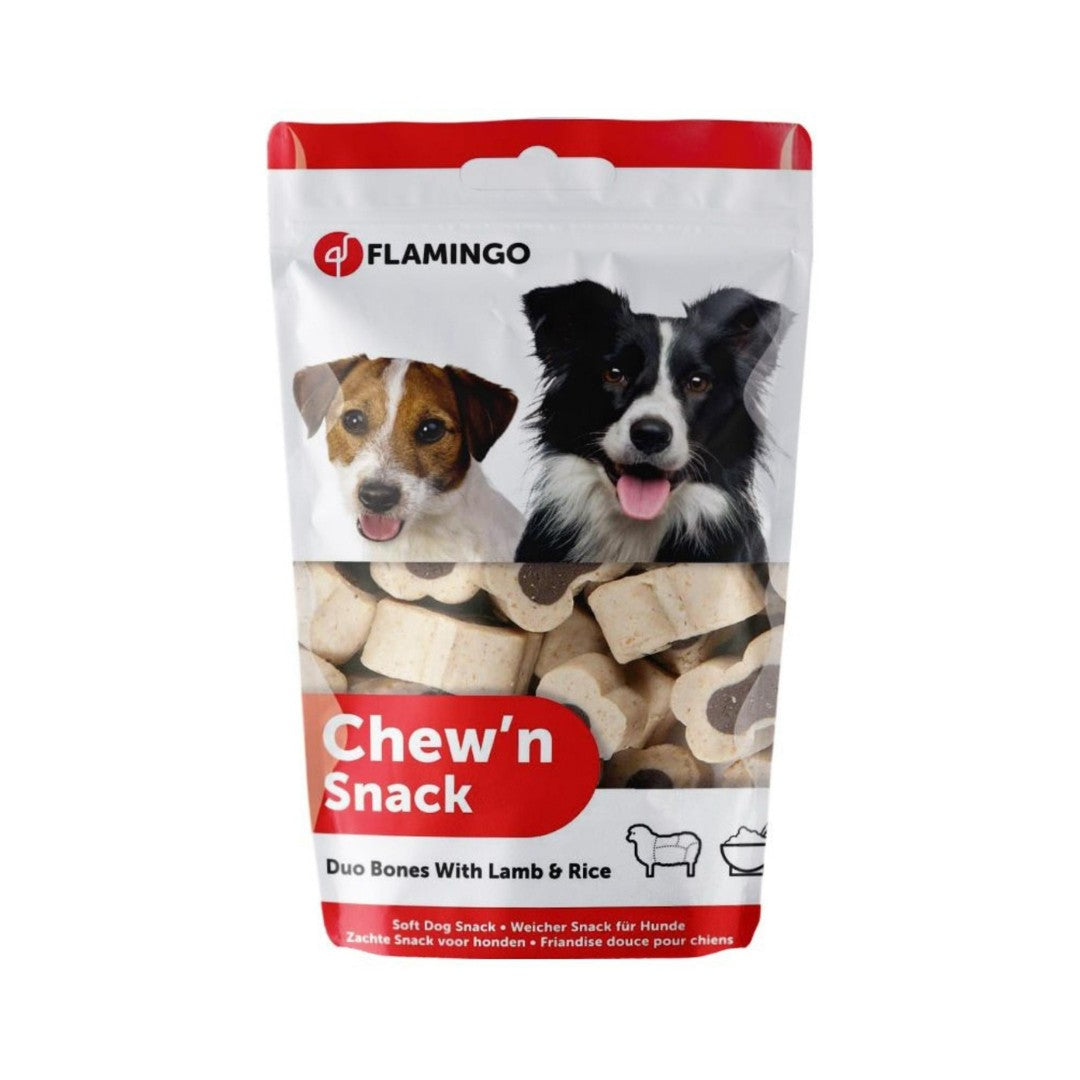 Flamingo Chew'n Snack Duo Bones Lamb & Rice - Wholesome Treats for Happy Adult Dogs. Front Pack