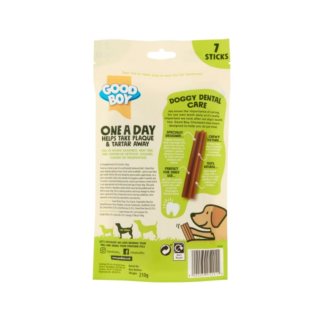 The Armitage Goodboy Chompers 100% Natural Daily Dental Stick for Dogs is specially designed to remove plaque and tartar from your furry friend's teeth - Back Bag.