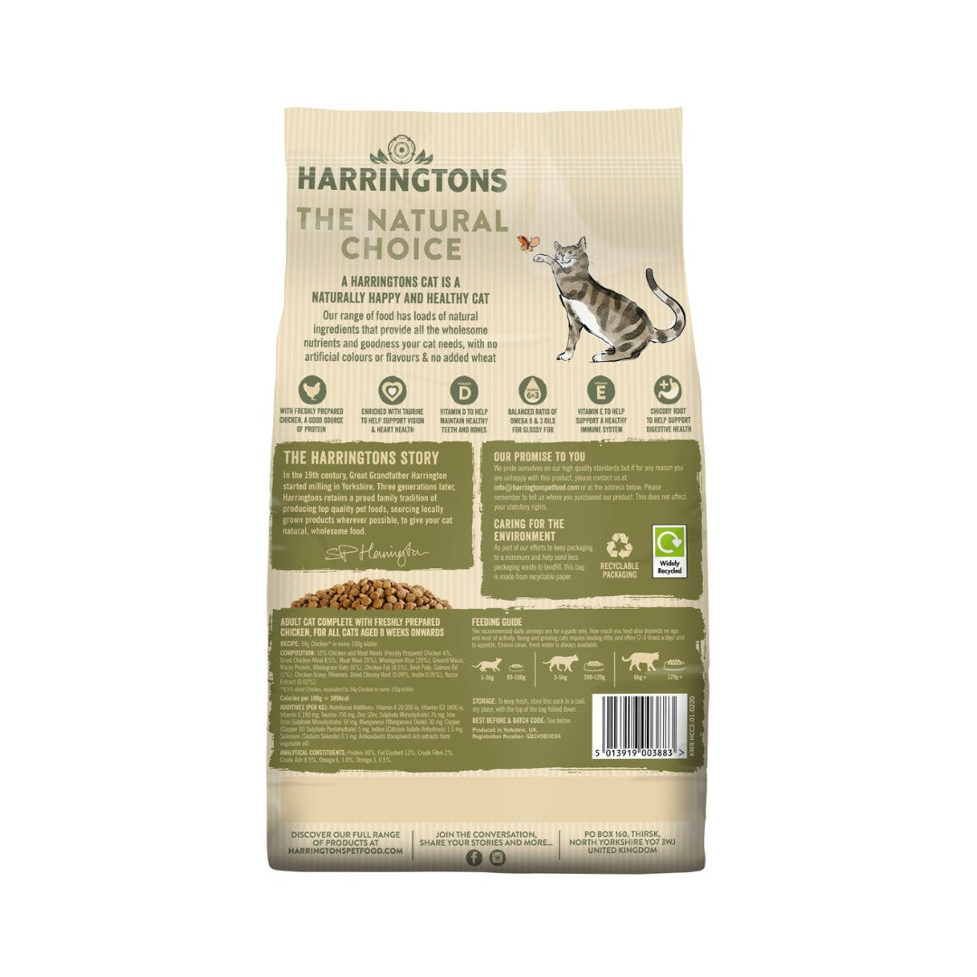 Harringtons Complete Chicken Adult Dry Cat Food is specially formulated for cats aged 8 weeks and above Back Bag.