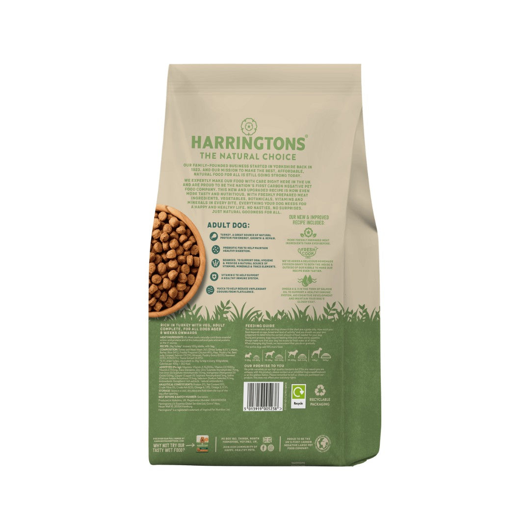Harringtons Complete Turkey Veg Adult Dry Dog Food Suitable for dogs from 8 weeks onwards, this carefully formulated food is made with all-natural ingredients Bach bag.