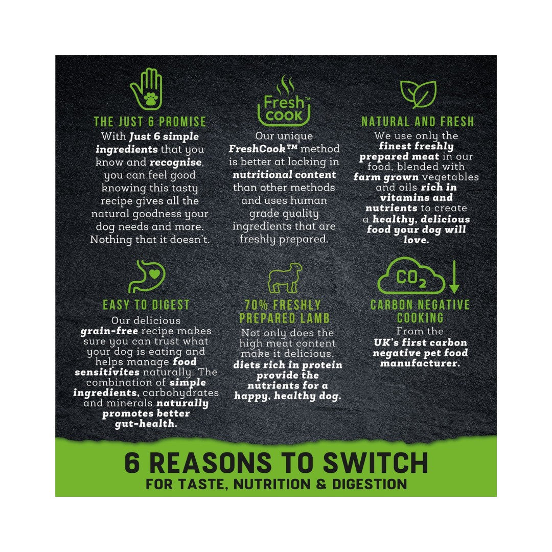 Harringtons Just 6 lamb with vegetables in a delicious gravy, is a complete dog food that includes six ingredients for optimal taste, nutrition, and digestion - Dog food Switch.