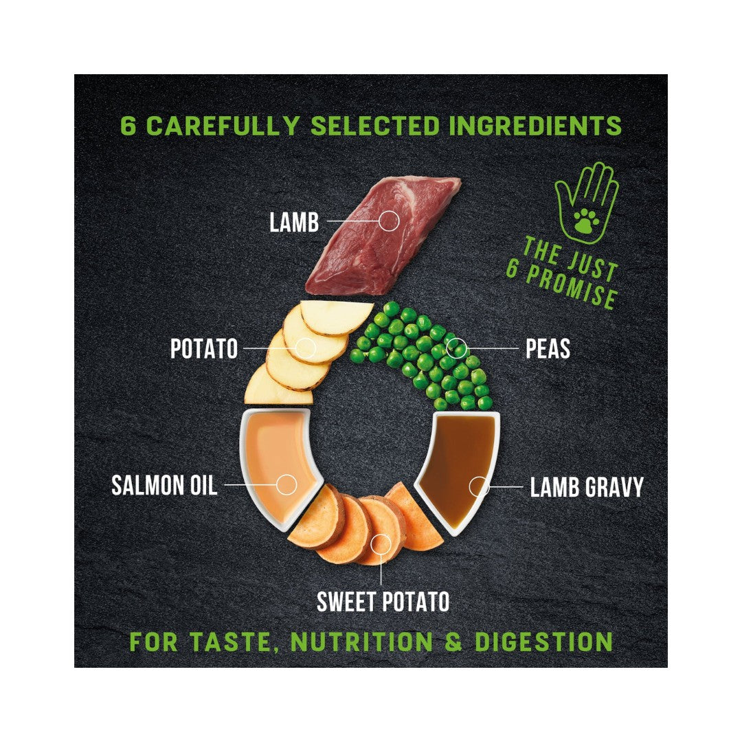Harringtons Just 6 lamb with vegetables in a delicious gravy, is a complete dog food that includes six ingredients for optimal taste, nutrition, and digestion - Ingredients .