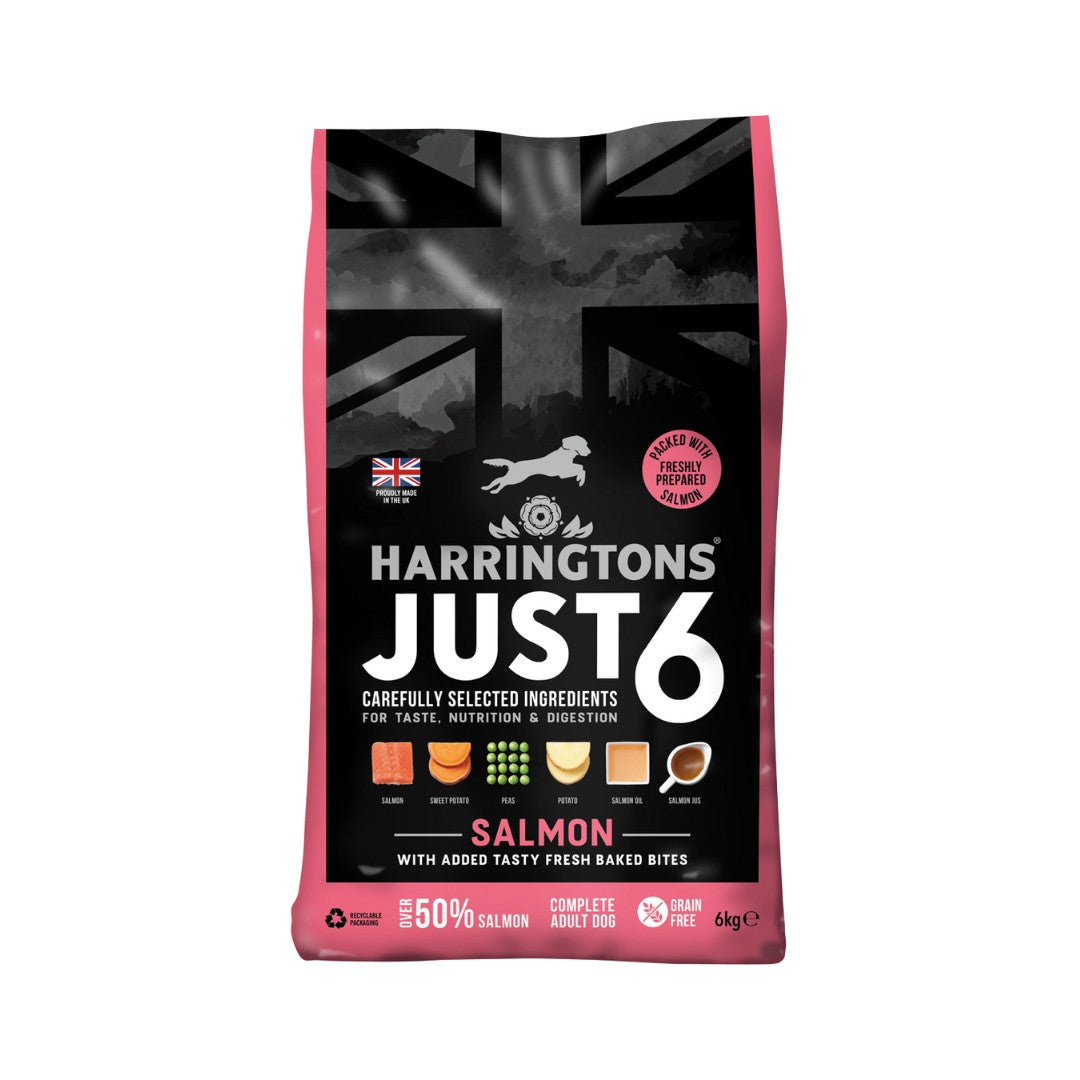 Harringtons Just 6 Salmon Grain-Free Dry Dog Food is formulated as a complete diet. It contains six ingredients chosen for taste, nutrition, and digestive support 6kg