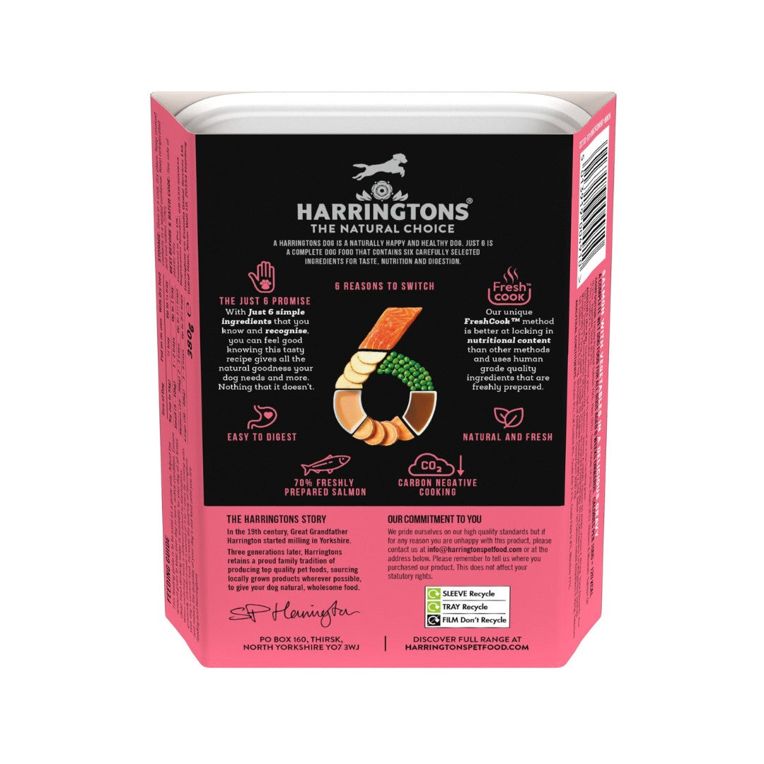 Harrington's Just 6 Grain-Free Wet Dog Food, Salmon with Vegetables in Gravy, is a wholesome dog food made with ingredients for taste, nutrition, and digestion-Back.