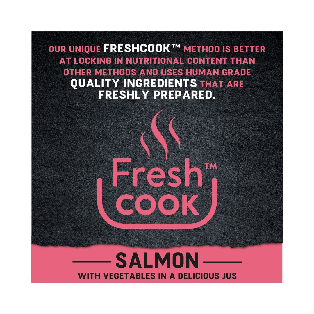 Harrington's Just 6 Grain-Free Wet Dog Food, Salmon with Vegetables in Gravy, is a wholesome dog food made with ingredients for taste, nutrition, and digestion-Dog Fresh Food.