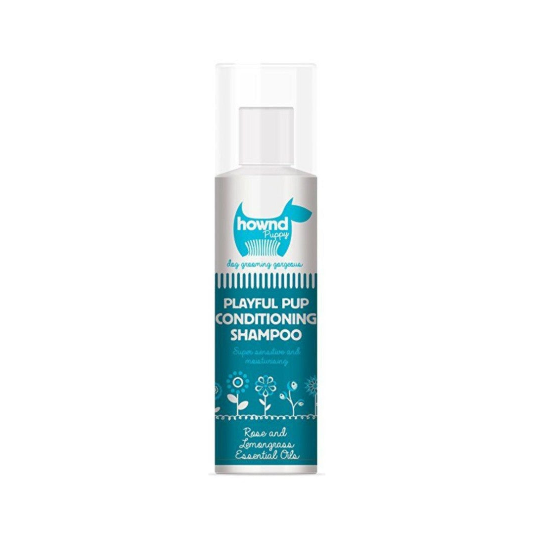 Hownd Playful Puppy Shampoo - A bottle of puppy shampoo surrounded by happy puppies. Front Bottle