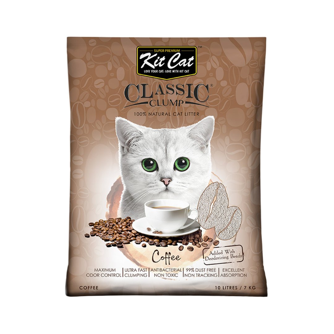 Kit Cat Classic Clump Coffee cat litter that has been enhanced with deodorizing beads and specially formulated by cat lovers to provide exceptional odor control and easy cleaning.