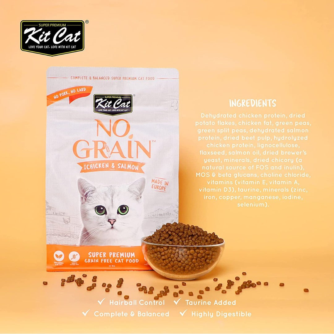 Kit Cat No Grain Chicken & Salmon Cat Dry Food for a diet that goes beyond the ordinary, providing your cat with the nutrition they need for a vibrant and healthy life.