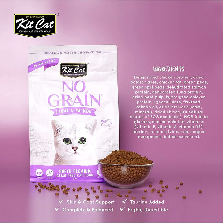 Kit Cat No Grain Super Premium Cat Dry Food with Tuna & Salmon is a grain-free recipe packed with nutrients to promote a healthier gut and a shinier coat 1.