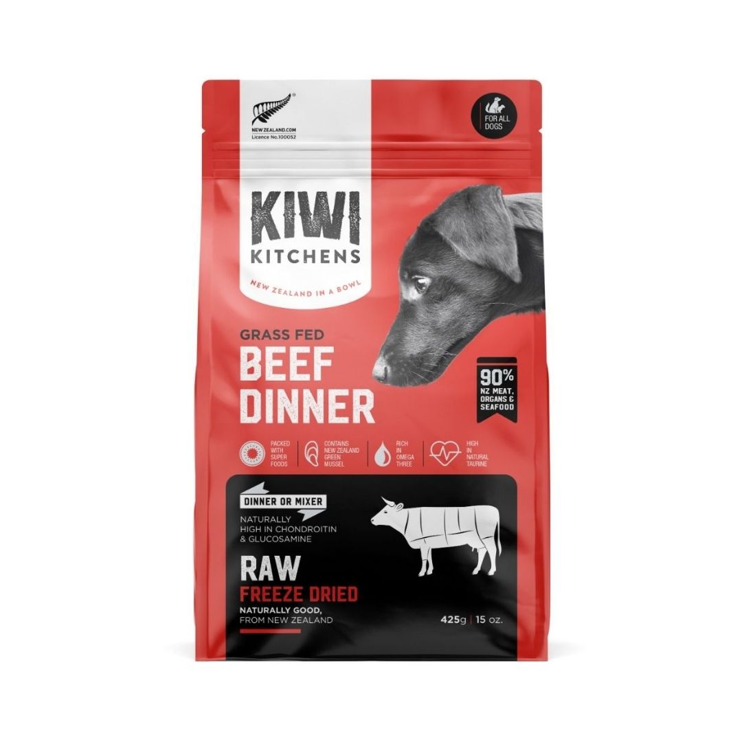 Kiwi Kitchens Raw Freeze Dried Grass Fed Beef Dinner Dry Dog Food – Packaging Front