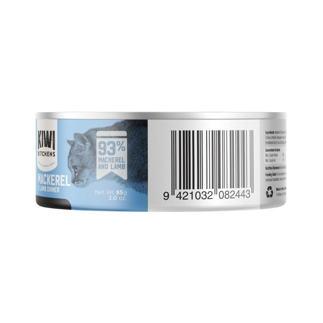 Kiwi Kitchens Mackerel & Lamb wet cat food, premium canned meal for cats in UAE. 85g Barcode