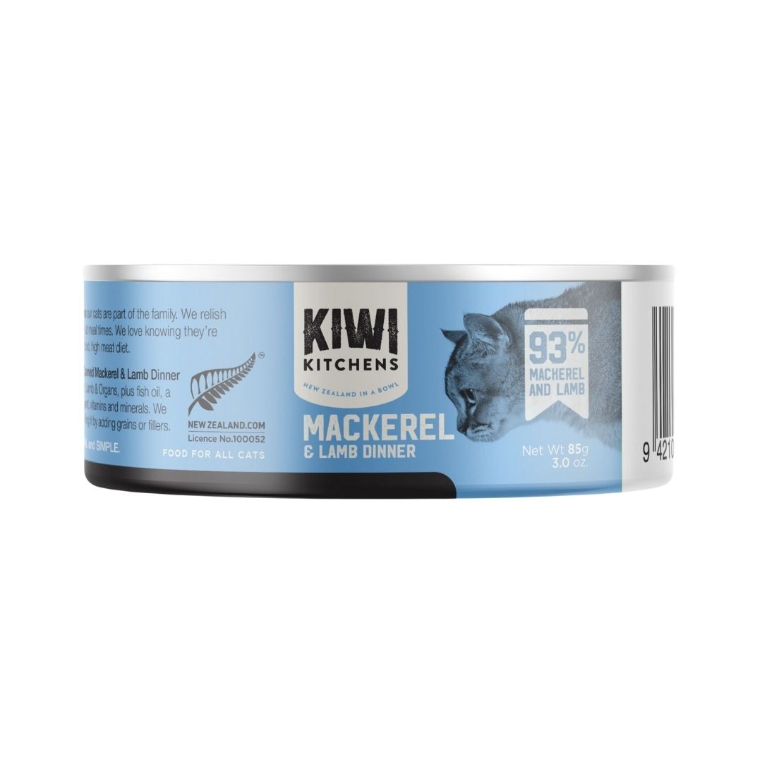 Kiwi Kitchens Mackerel & Lamb wet cat food, premium canned meal for cats in UAE. 85g Front