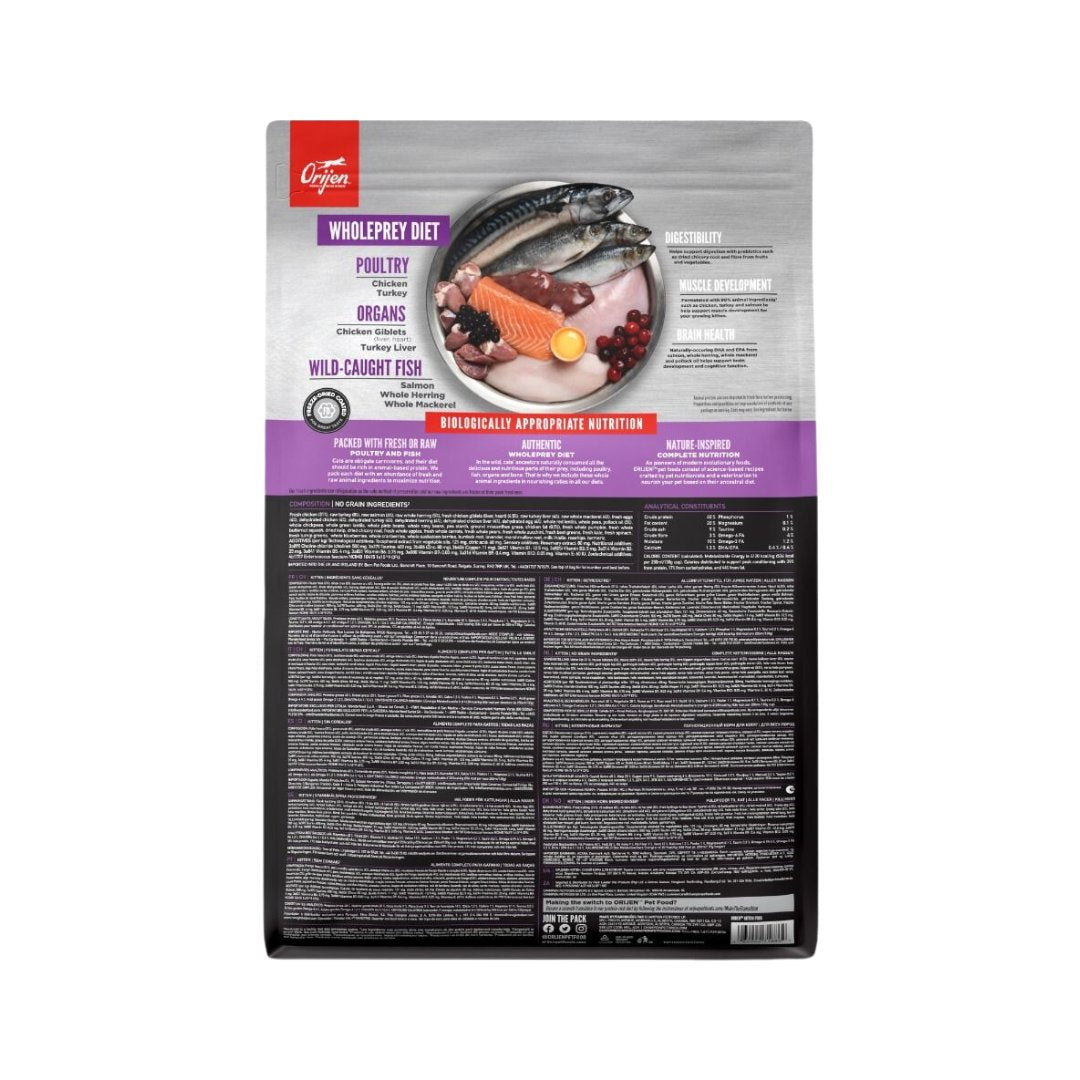 Orijen Kitten Dry Food. The first five ingredients are fresh or raw poultry and fish, preserved through refrigeration or flash-freezing at peak freshness - Back.