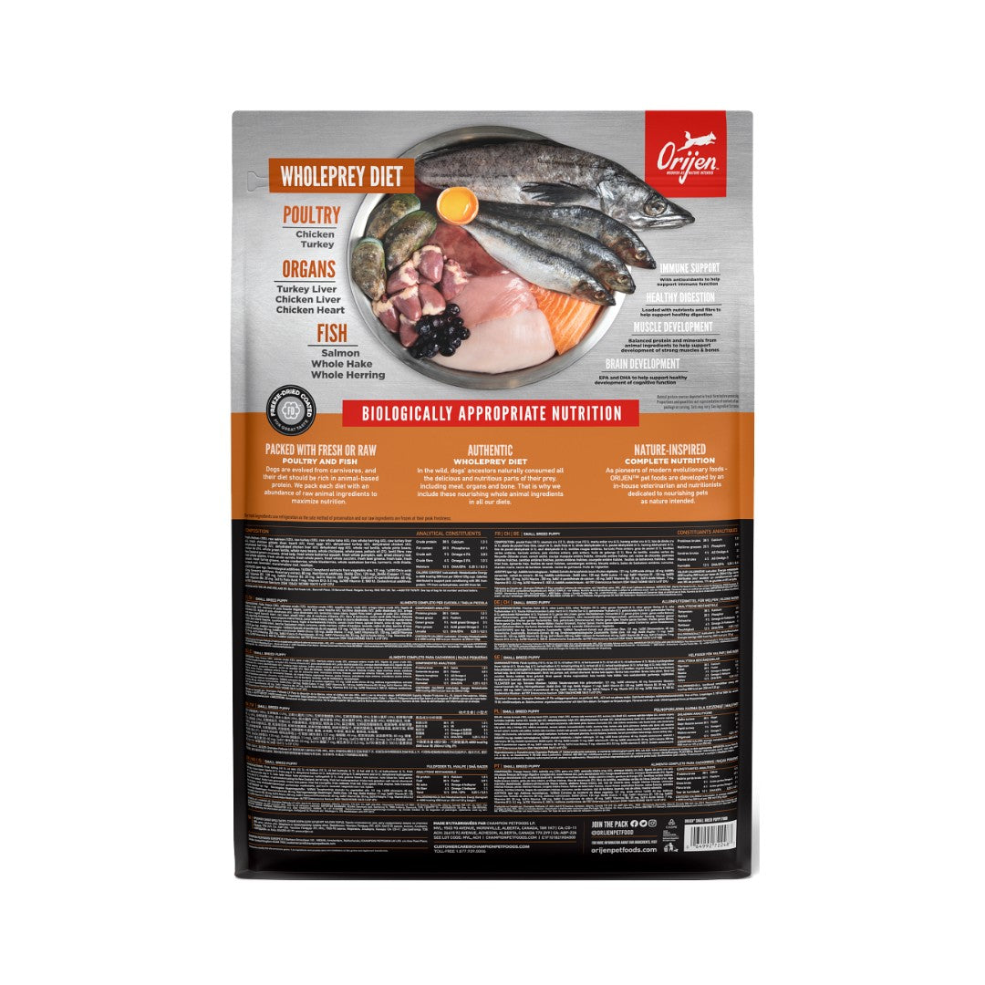 Orijen Puppy Small Breed Dog Dry Food with protein-rich recipes, a Biologically Appropriate diet that consists of protein sourced from fresh or raw animal ingredients BAck.