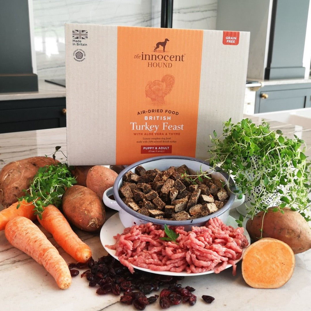 The Innocent Hound Air-Dried British Turkey Feast with Aloe Vera & Thyme Puppy & Adult Dry Dog Food in 1.5kg and 3kg bags. Ingredients