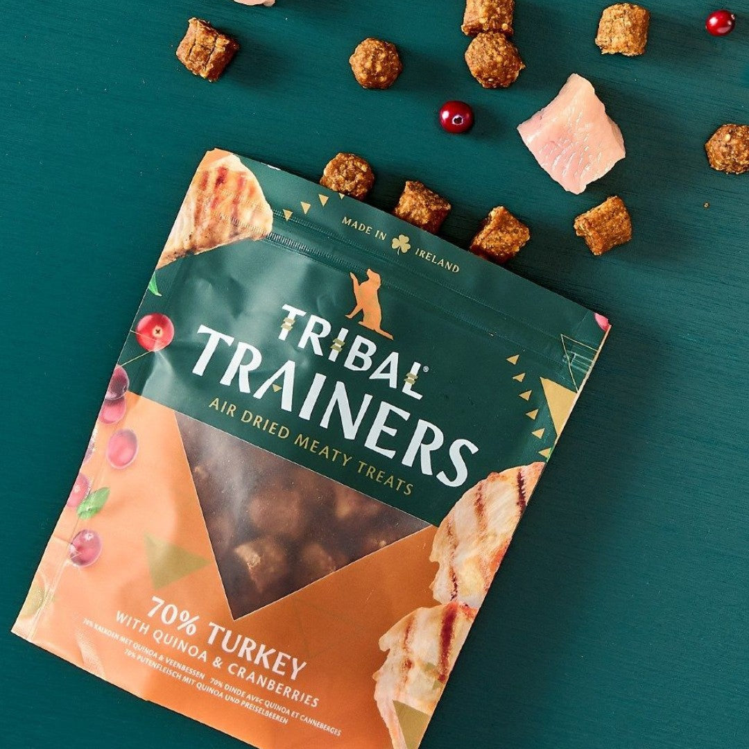 Tribal Trainers Turkey Quinoa & Cranberry Dog Treats in an 80g bag. Treat Size