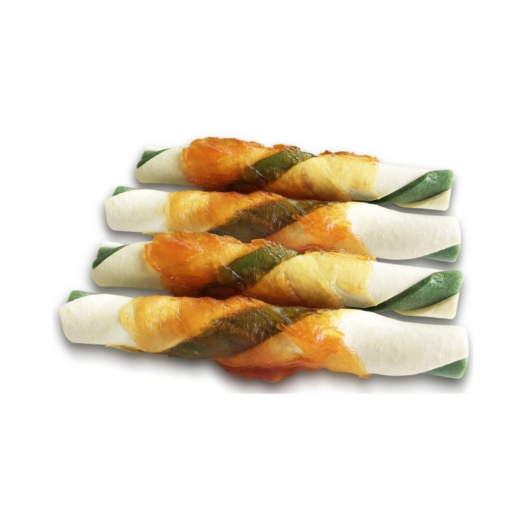 Zeus Better Bones Wrapped Large Rolls Lamb & Mint Dog Treats wrapped in real chicken. These thick and rawhide-free are satisfying for your dog to chew on safely-Treats Photo.