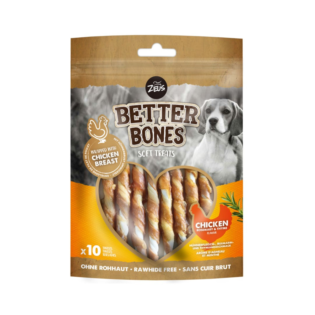 Zeus Better Bones Wrapped Twists Chicken with Rosemary & Thyme Dog Treats for a delicious and healthy snack that promotes good dental hygiene and is easy to digest.