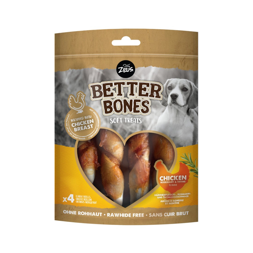 Treat your dog to the delicious Zeus Better Bones Large Rolls wrapped in real chicken and rawhide-free treats that are safe for your furry friend to chew on.