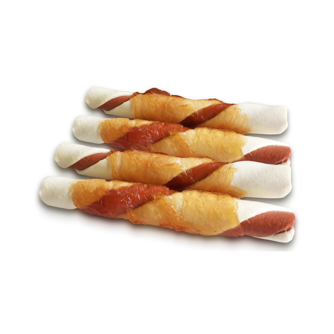 Better Bones Wrapped Large Rolls Duck & Cranberry Dog Treats wrapped in real chicken. These thick and rawhide-free are satisfying for your dog to chew on safely - Treats Photo.