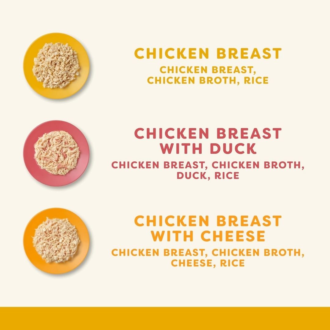 Three bowls of chicken breast with different ingredients on a white background