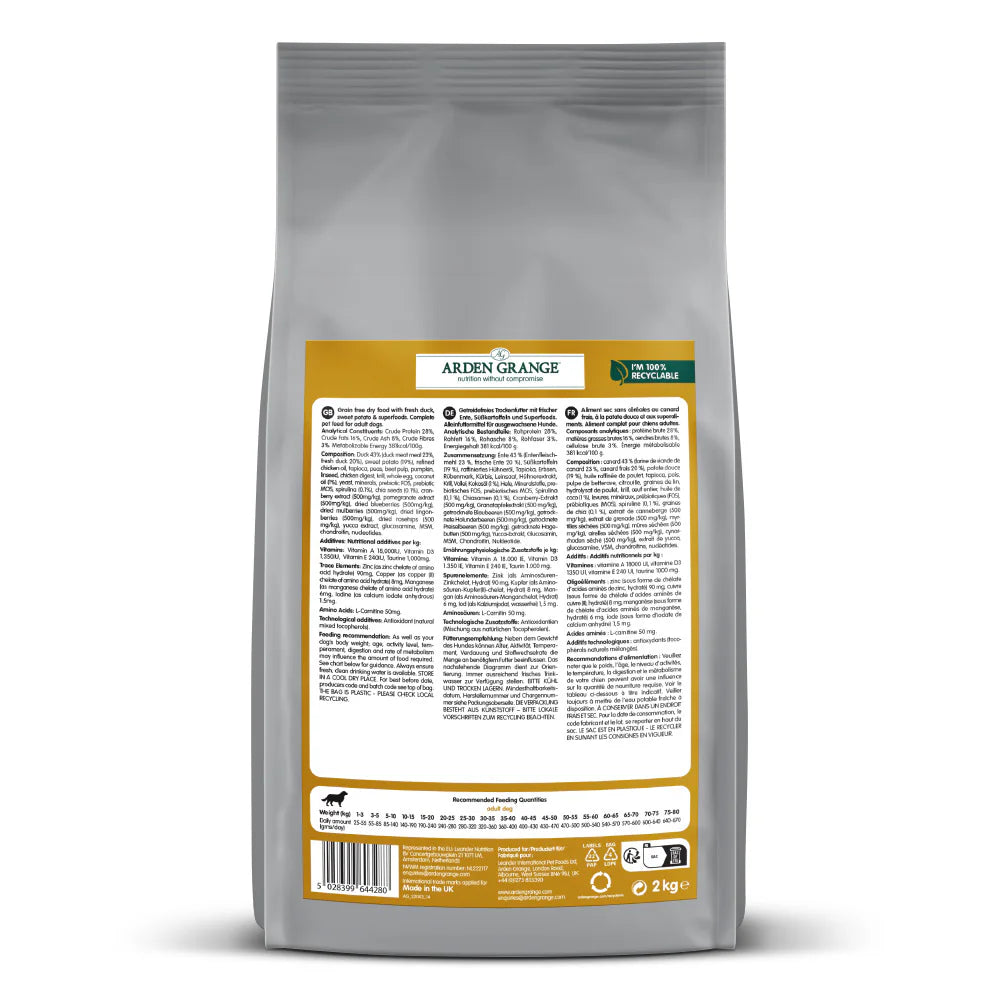 Arden Grange Grain Free Adult Duck & Superfoods Dry Dog Food back of pack