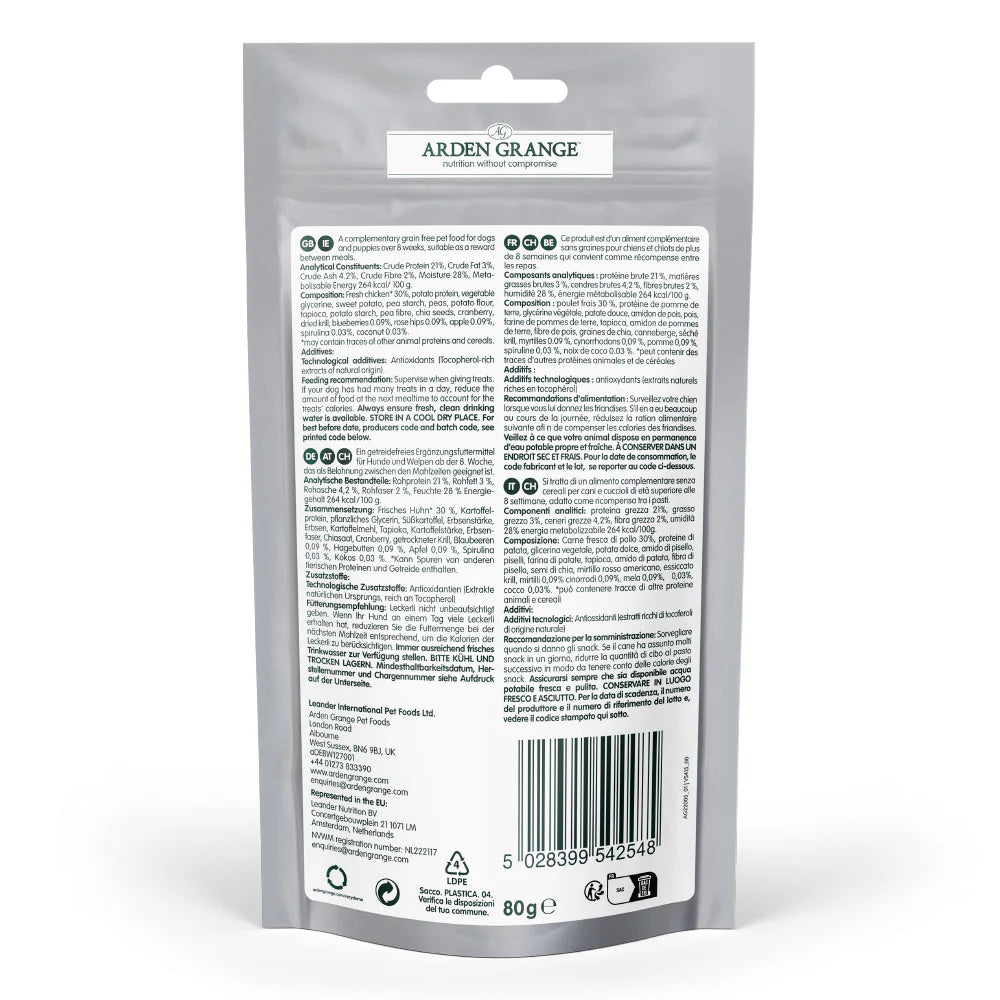 Arden Grange Grain Free Chicken & Superfoods Training Dog Treats 80g back of pack