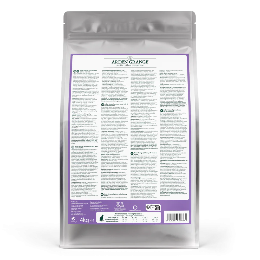 Arden Grange Grain Free Light Fresh Chicken & Potato Dry Cat Food back of pack
