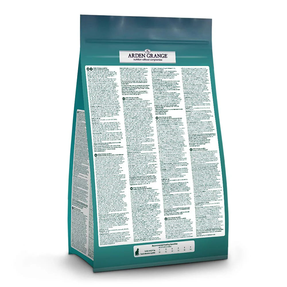Arden Grange Grain Free Sensitive Adult Ocean White Fish & Potato Dry Cat Food back of pack