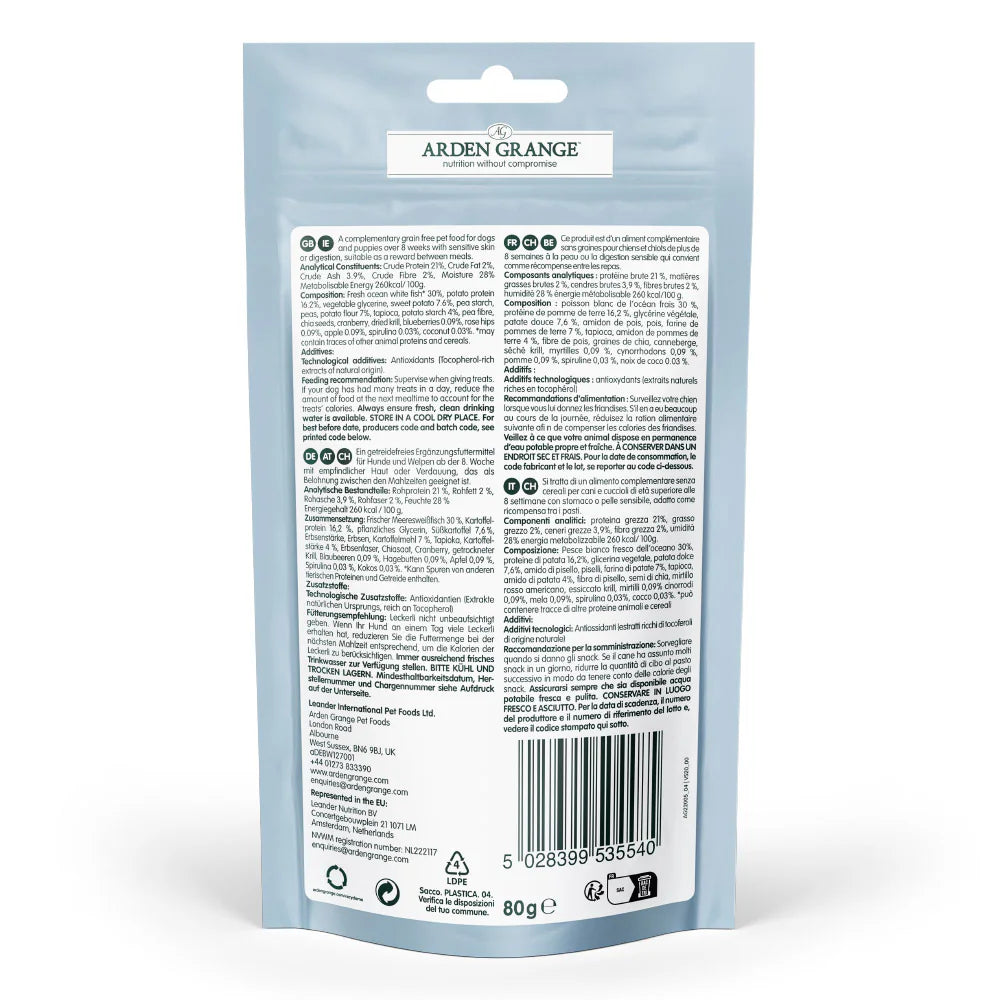Arden Grange Ocean White Fish & Potato Sensitive Training Dog Treats 80g back of pack
