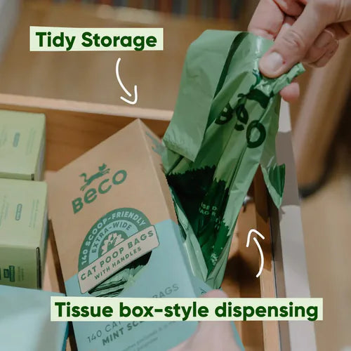 Beco cat poop bags in tidy tissue-box style dispenser